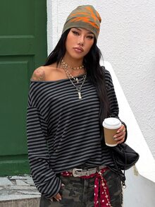 Coolane 女款條紋不對稱肩長袖休閒百搭T恤 - 黑色 - 查看 5