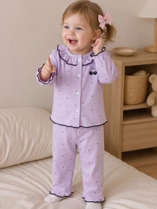 2pcs Baby Girl Comfortable Soft Purple Polka Dot Cherry Pattern Round Neck Ruffle Trim Button Front Long Sleeve Pants Flame Retardant Pajama Set - Mauve Purple - View 7