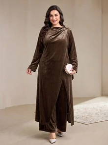 Veilorie Plus Size Women's Solid Color Long Sleeve Top And Pants Casual Daily 2 Pieces Set - Khaki - View 5