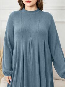 Lacomfia Plus Size Women's Gray-Blue Brushed Ribbed Long Sleeve Casual Dress, Suitable For Daily Wear, Home, Breakfast And Dinner - Blue - View 6