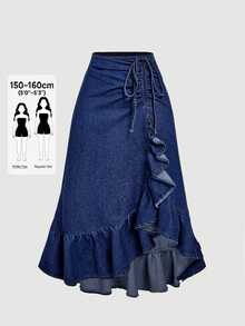 SHEIN PETITE Women's Ruched Ruffle Casual Versatile Daily Embroidered Denim Skirt - Dark Wash - View 1