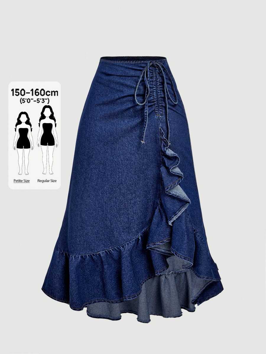 SHEIN PETITE Women's Ruched Ruffle Casual Versatile Daily Embroidered Denim Skirt - Dark Wash - View 1