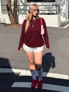 SHEIN EZwear 大尺碼女款純色圓領寬鬆長袖休閒T恤，春夏秋季 - 酒紅色 - 查看 4