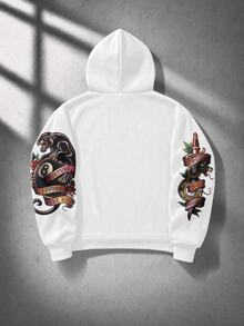 ROMWE MEN Street Life Street Retro Print Pattern Loose Fit Hoodie - White - View 2