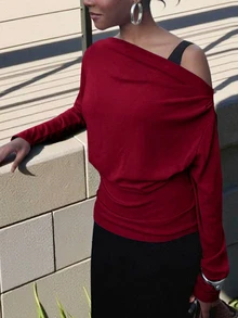 INAWLY Solva Women's Solid Color Asymmetrical Shoulder Long Sleeve Fashion Elegant Top - Burgundy - View 6