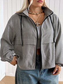 SHEIN EZwear Plus Size Plaid Zipper Long Sleeve Hooded Jacket - Multicolor - View 5