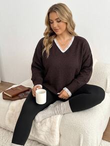 SHEIN CURVE+ Plus Size V-Neck Lace Trim Loose Casual Daily Back To School Office Knit Sweater - Brown - View 6
