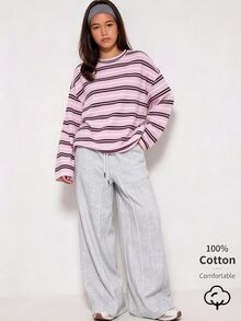 SHEIN 青少年女孩秋季上衣 素色休閒百搭日常長袖T恤，假日穿搭，舒適 - 粉色 - 查看 5