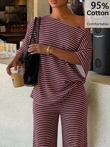 Siren Gaze Women's Striped One-Shoulder Top And Loose Pants Set - Burgundy - View 1