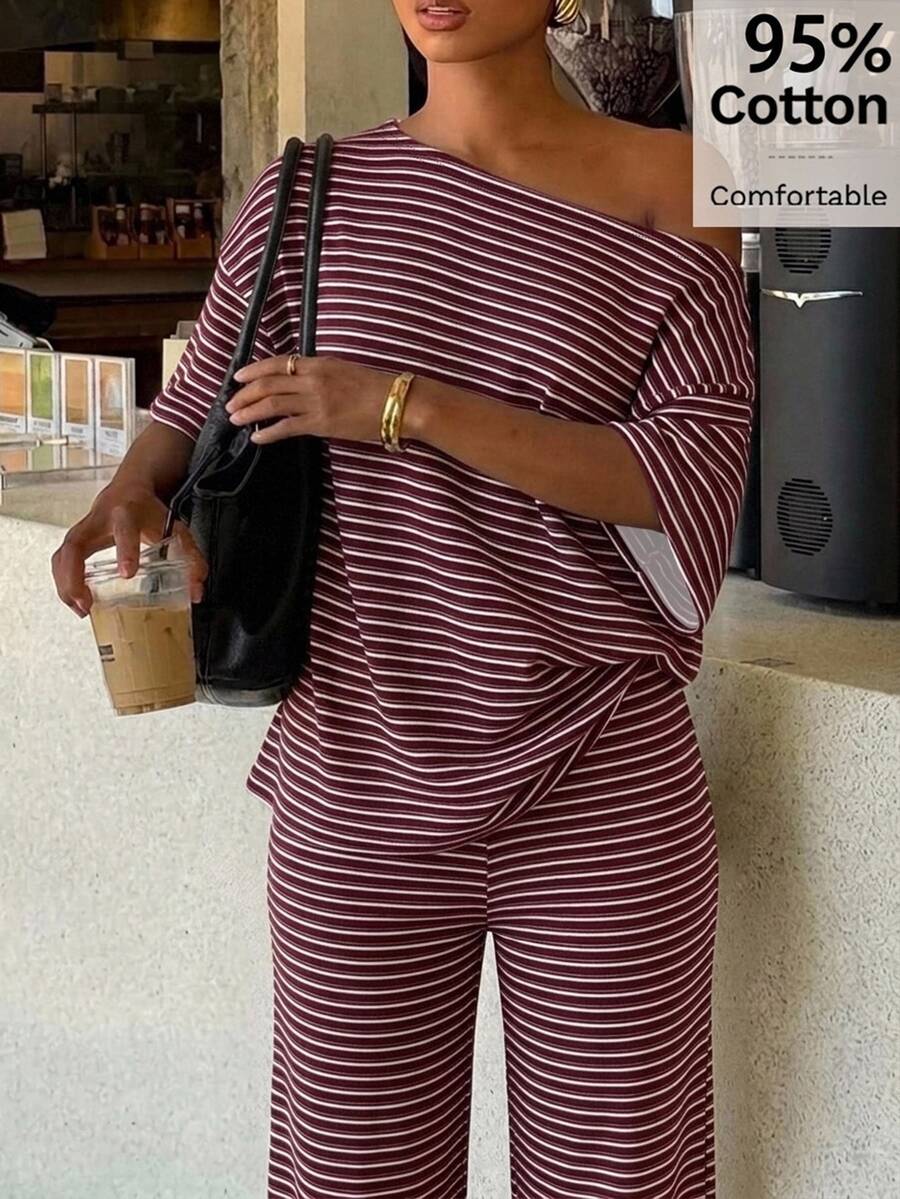 Siren Gaze Women's Striped One-Shoulder Top And Loose Pants Set - Burgundy - View 1