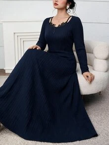 Feyla Plus Size Women's Contrast Lace Long Sleeve Elegant Dress - Navy Blue - View 7