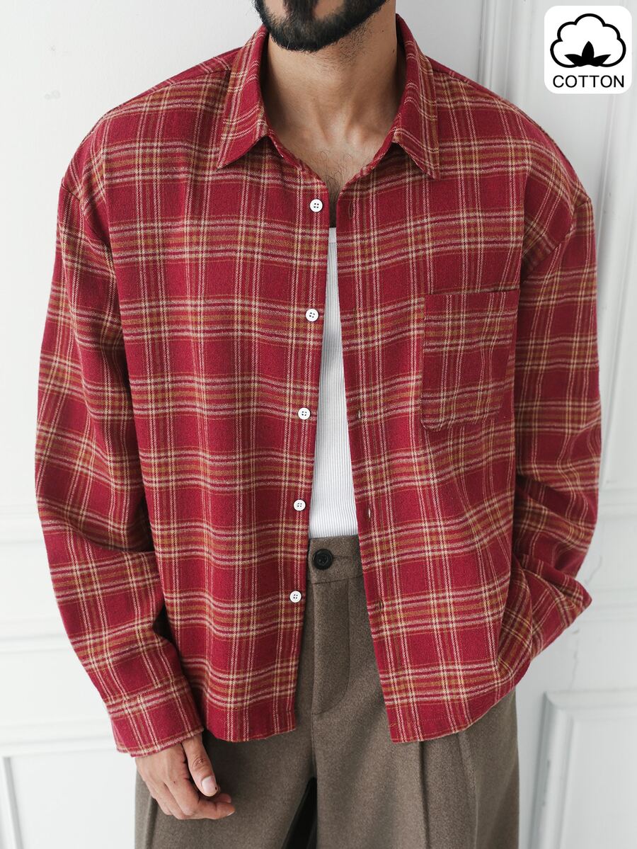 HUEFORM Men's Retro Style Cotton Red Plaid Cropped, Loose Fit Shirts,Suitable For Everyday Outings And Lounging At Home.Christmas Gift For My Husband - Red - View 1