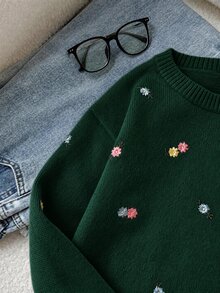 SHEIN 白色秋季返校可愛南瓜提花針織套頭毛衣，百搭刺繡大童女孩針織衫，大童女孩服飾 - 墨綠色 - 查看 4