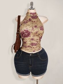 SHEIN ICON 大尺碼 Y2K 夏季外出波西米亞西式鄉村音樂會女款性感露背花卉印花掛脖上衣 - 卡其色 - 查看 5