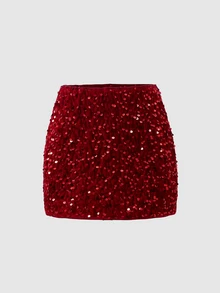 SHEIN Tween女孩童裝紅色亮片A字裙，適合假日派對、正式場合、典禮、生日派對及日常休閒穿著 - 酒紅色 - 查看 3