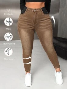 SHEIN Lady 大尺碼女款口袋修身休閒百搭牛仔褲 - 棕色 - 查看 1
