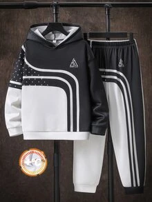 SHEIN 兒童青少年男孩休閒極簡長袖連帽舒適運動衫2件套，適合秋冬，經典酷帥漸層黑白拼色圖案印花，精緻Logo圖案印花，適合通勤、上學、日常休閒、度假、旅行、運動 - 黑與白 - 查看 2