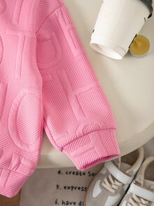 SHEIN 女童小女孩針織純色連帽人造毛飾邊寬鬆休閒衛衣與長褲兩件套 - 粉色 - 查看 5