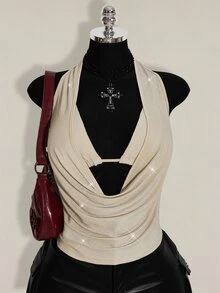 SHEIN ICON 大尺碼女款 2 件組夏季外穿亮片露背背心與細肩帶背心，適合海灘、夏威夷派對、返校日、演唱會與夜店 - 杏色 - 查看 4