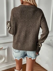 EMERY ROSE Star Pattern Drop Shoulder Sweater,Long Sleeve Tops Knit Pullover Fall Winter Sweater - Brown - View 2