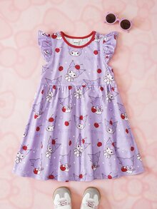 HELLO KITTY AND FRIENDS | SHEIN Young Girl Cartoon Cherry Print Round Neck Flutter Sleeve Cute Dress - Purple - View 1
