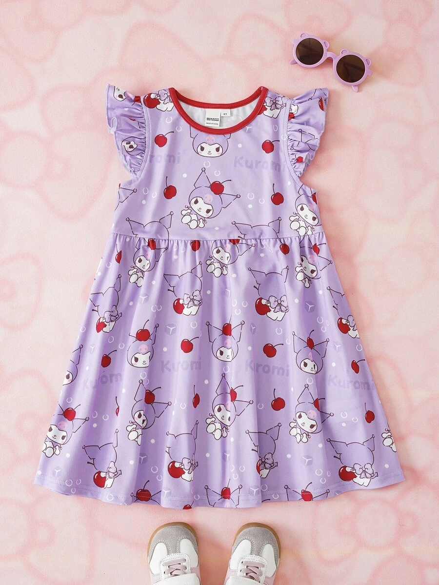 HELLO KITTY AND FRIENDS | SHEIN Young Girl Cartoon Cherry Print Round Neck Flutter Sleeve Cute Dress - Purple - View 1