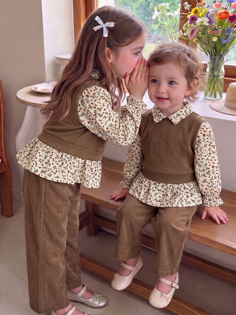 SHEIN Baby Girl 3 Pieces Set Floral Ruffle Long Sleeve Shirt, Elastic Ribbed Thick Vest, Thick Straight Leg Autumn Pants, Versatile For Winter - Brown - View 1