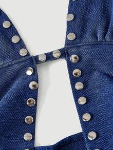 StreetHx Women's Rivet Design Deep V Pleated Slim Fit Sexy Halter Neck Denim Dress - Blue - View 9