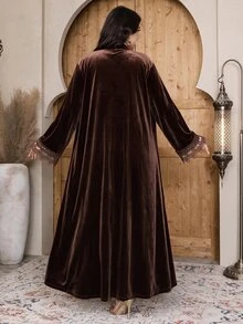 Al Najma عباية نسائية مقاس كبير بلون موحد كاجوال للحفلات - بني - مشاهدة 2