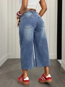 Jeanoix Petite Women's Distressed Pocket Loose Y2K Denim Capris - Medium Wash - View 2