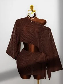 SHEIN Swim 2件組女款白色夏季波西米亞風海灘度假裝，精緻鏤空半透網紗露肩露腰罩衫與側綁帶圍裙 - 棕色 - 查看 3