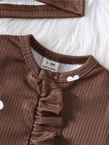 SHEIN Baby Girl 2pcs Ribbed Heart Print Footed Romper With Ruffle & Bow Hat Set, Soft Knit Autumn Daily Wear - Brown - View 6