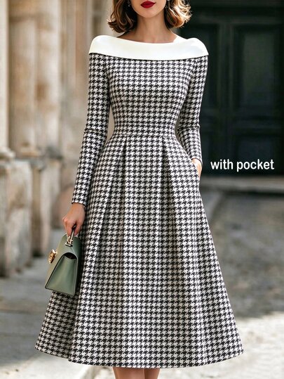 RosyDaze 2026 Fall Winter Women French QuietLuxury Elegant Houndstooth Midi Dress OffShoulder Contrast Collar Long Sleeve ALine Dress With Pockets Versatile
