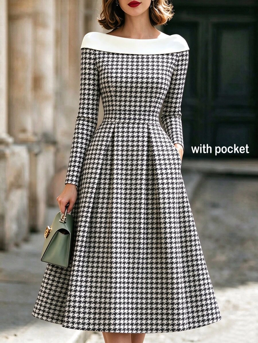 RosyDaze 2026 Fall Winter Women French QuietLuxury Elegant Houndstooth Midi Dress OffShoulder Contrast Collar Long Sleeve ALine Dress With Pockets Versatile