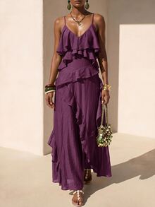 Zivah Women's Solid Color Multi-Layer Ruffle Fashion Vacation Spaghetti Strap Dress - Purple - View 5