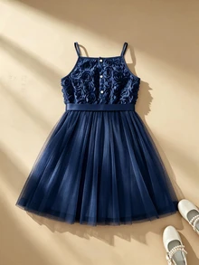 SHEIN 女童公主禮服，生日伴娘派對婚禮度假洋裝，聖誕新年兒童裙，蝴蝶結細肩帶，海軍藍網紗 3D 玫瑰 - 藍色 - 查看 2
