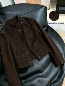GlowEve CURVE Women's Plus Size Brown Suede Button Jacket Office Party Travel Homewear Going Out Fall Casual Capsule Baggy Cargo Winter - Chocolate Brown - View 1