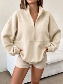 INAWLY 女款寬鬆休閒立領半拉鍊運動衫 - 杏色 - 查看 4
