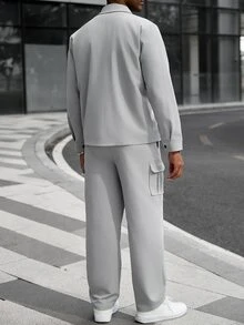 Manfinity CasualCool Setelan Kemeja dan Celana Lengan Panjang Warna Polos Kasual Pria, Pakaian Musim Gugur - Grey - View 2