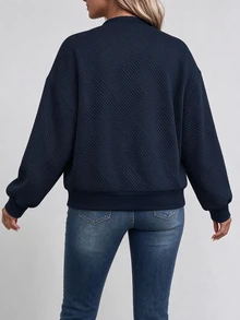 SHEIN LUNE CURVE Plus Size Women's Navy Blue Textured Jacquard Baseball Collar Zip-Up Short Jacket, Casual Long Sleeve Ribbed Cuff Loose Knit Cardigan Fall - Navy Blue - View 2