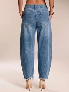 SHEIN Tall 女款街頭風鈕扣口袋水洗破洞牛仔褲 - 中等水洗藍 - 查看 4