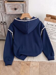 SHEIN Sparklyn Tween Girl Casual Street Style Grey Shell Pattern Sweatshirt, Suitable For Streetwear, Sweatshirt - Navy Blue - View 2