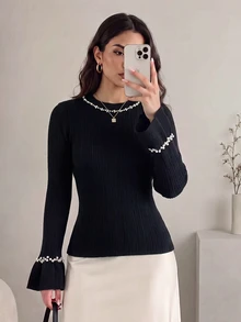 Modelyn Women's Black Beaded Slim Fit Autumn/Winter Sweater - Black - View 1