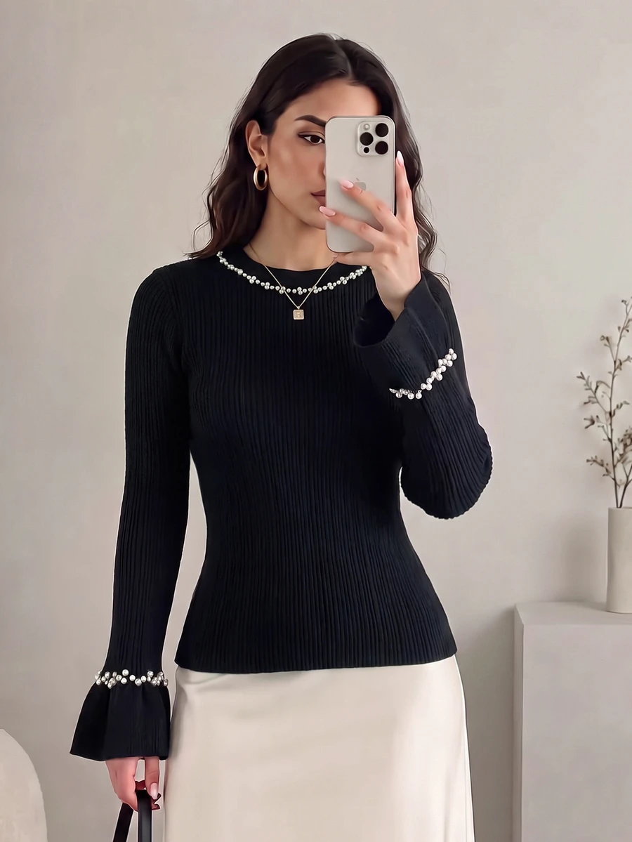 Modelyn Women's Black Beaded Slim Fit Autumn/Winter Sweater - Black - View 1