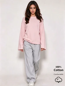 SHEIN Sparklyn 青少年女孩秋季純色休閒百搭日常長袖T恤，度假舒適款 - 粉色 - 查看 3