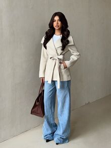 SHEIN Glamour معطف نسائي كاجوال بلون موحد وأكمام طويلة وياقة كبيرة للخريف/الشتاء - كاكي - مشاهدة 4