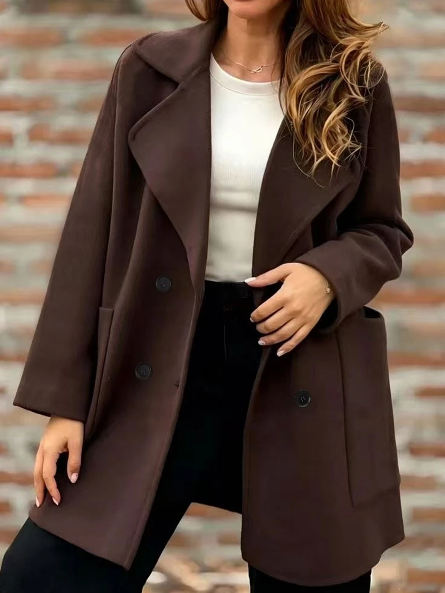 EMERY ROSE معطف بليزر نسائي من مزيج صوف صناعي بني داكن، بياقة مزدوجة الصدر وقصة فضفاضة متوسطة الطول، بأسلوب تنقل بسيط، مع جيوب جانبية، مناسب للارتداء اليومي والتنقل إلى المكتب - قهوة بني - مشاهدة 1