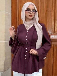 Graceveil Women's Casual Burgundy Shell Button Design Long Sleeve Tie-Up Pleated Blouse, Women's Commuter Top, Spring/Autumn Clothing - Burgundy - View 6