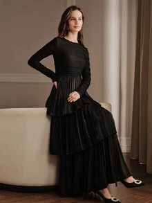 Anewsta French Style 3D Ruffled Shirred Long Sleeve Triple Layer Glossy Shirred Full Skirt Black Dress - Black - View 3