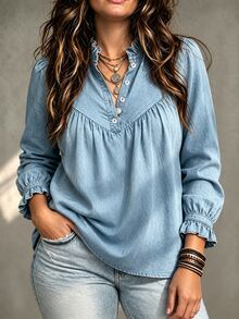 Linhara CURVE Women's Fashion Blue Denim Effect Ruffle Collar Gathered Puff Sleeve Loose Fit Versatile Blouse, Suitable For Daily Wear, Outings, Commuting, Casual Dating - Grey - View 6